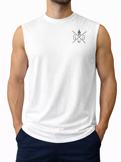 Frontansicht des weissen Herren Gym Tank Tops mit Brustlogo von Gym Generation