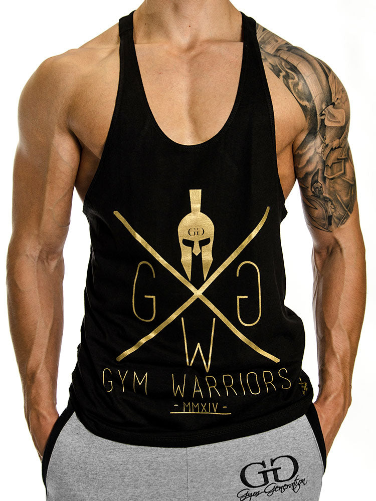 Schwarzes Gym Generation Stringer Tank Top für Herren mit goldenem Gym Warriors Logo – Vorderansicht