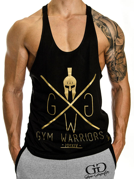 Schwarzes Gym Generation Stringer Tank Top für Herren mit goldenem Gym Warriors Logo – Vorderansicht