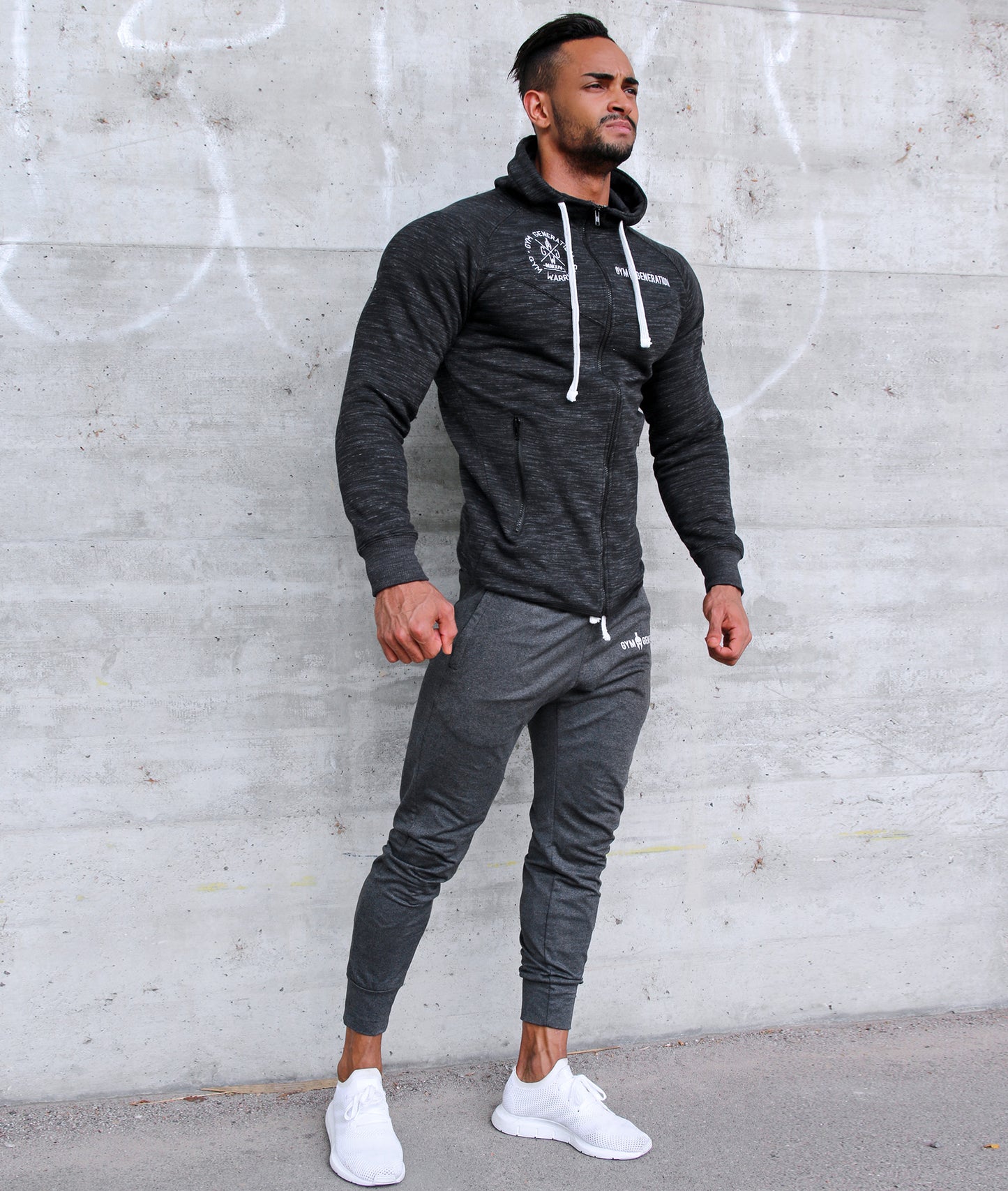 Premium workout hoodie with durable zipper and stylish embroidered chest logos
