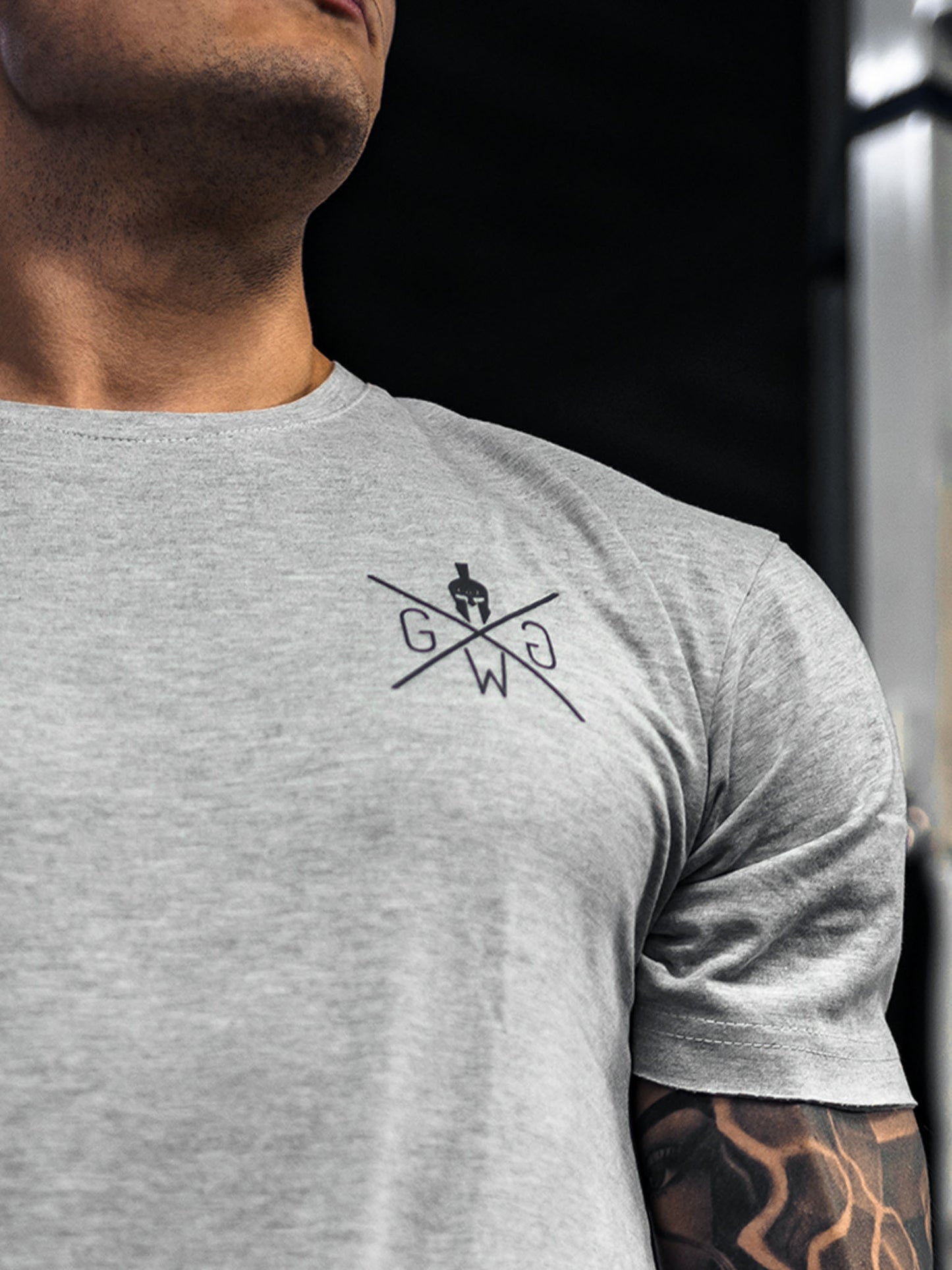 Herren T-Shirt in Grau von Gym Generation mit auffälligem dunkelgrauem Spartaner-Logo.