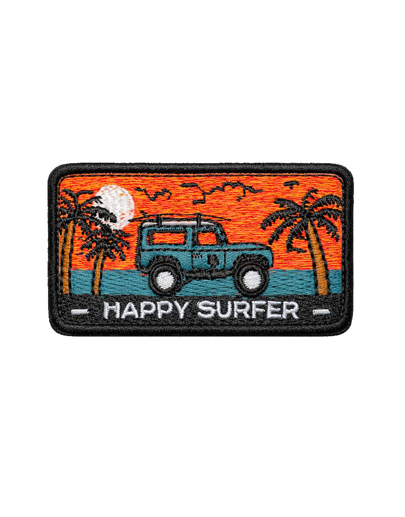 Happy Surfer Patch mit Klettverschluss – hochwertiger Stickpatch für Reisen, Surf und Rucksack