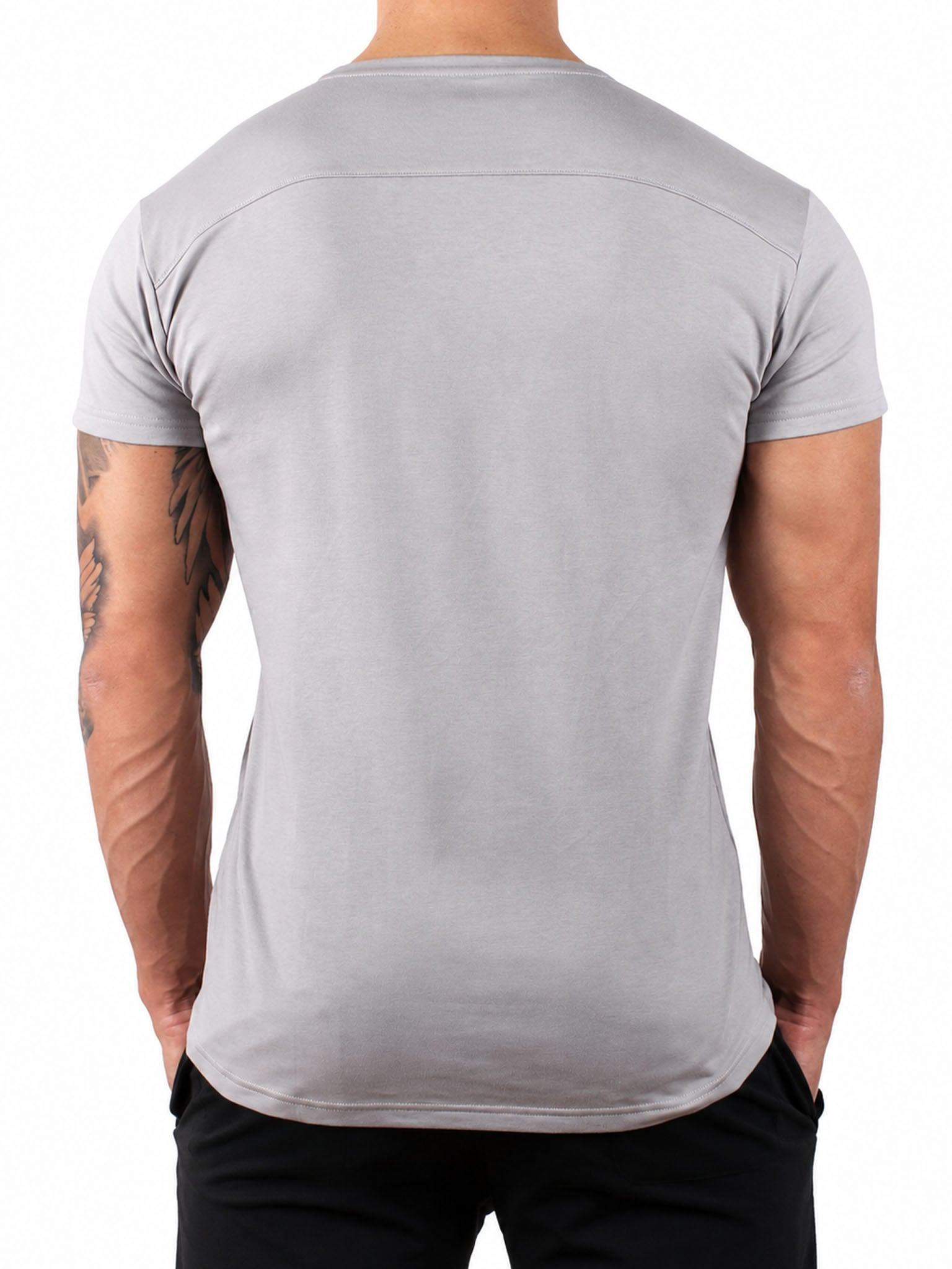 Graues Gym Shirt Herren von Gym Generation in gerader Rückenansicht, cleanes Rückendesign mit weissem Schulterpanel und sportlichem Schnitt