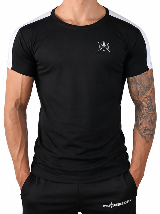Schwarzes Fitness Shirt Herren von Gym Generation in Frontansicht, Athletic Fit mit weissen Schulterstreifen und kleinem Brustlogo