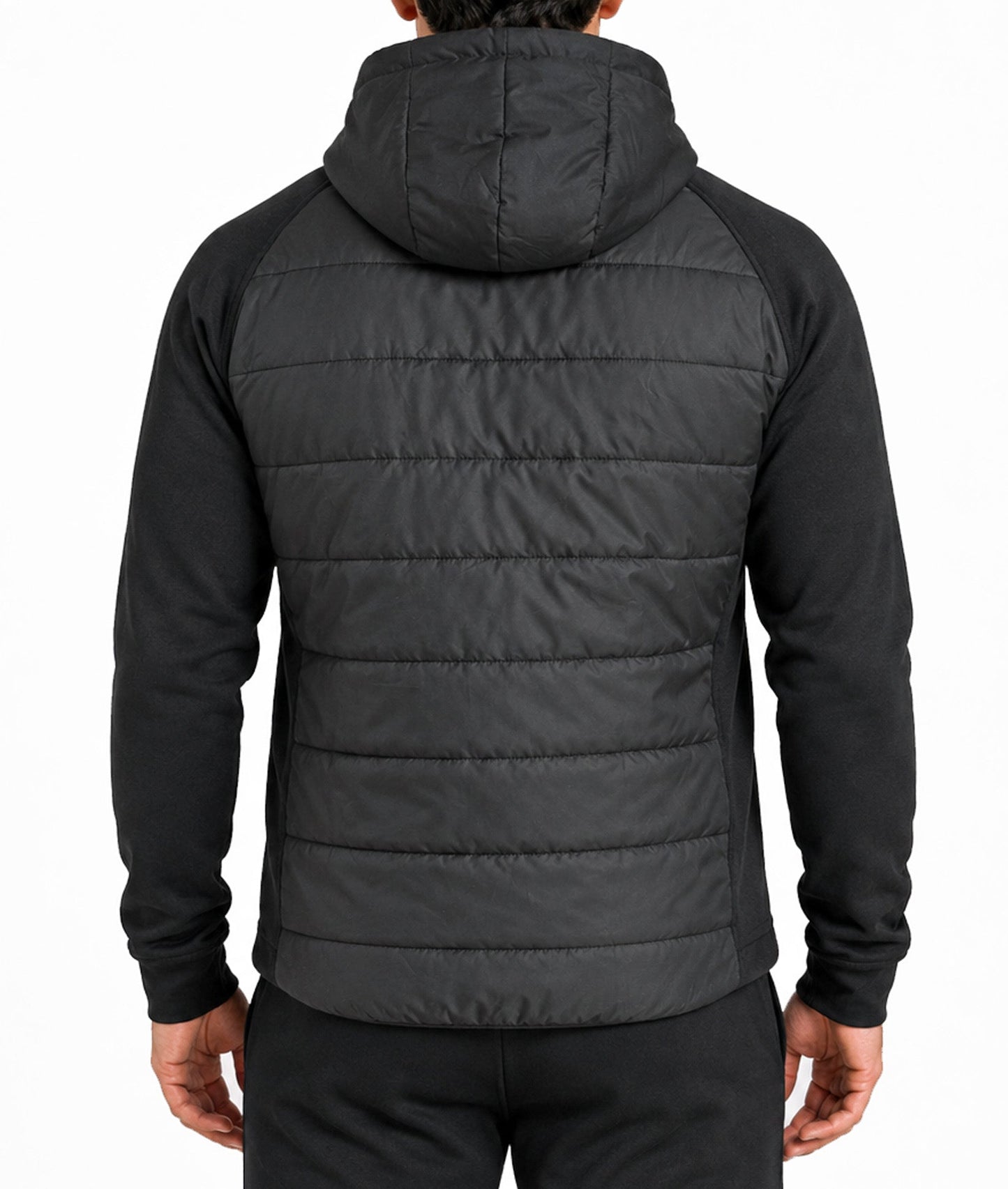 Rückansicht der schwarzen Gym Generation Hybrid Athlete Jacke mit Kapuze, gefüttertem Rückenbereich und sportlichen Ärmeln