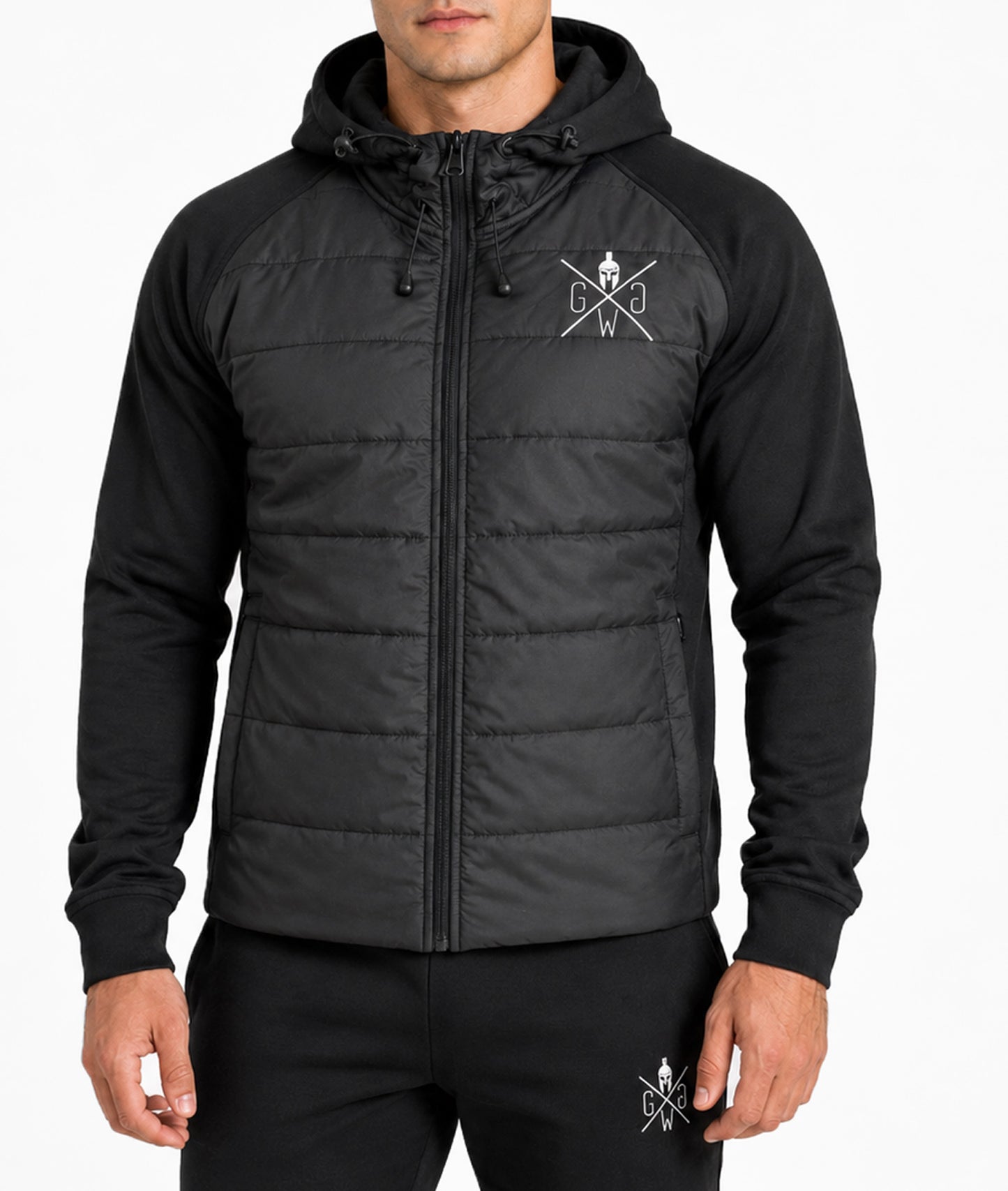 Schwarze Gym Generation Sportjacke für Herren als leichte Hybridjacke mit Kapuze für Gym, Running, Fitness und City