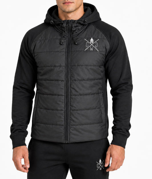 Schwarze Gym Generation Sportjacke für Herren als leichte Hybridjacke mit Kapuze für Gym, Running, Fitness und City