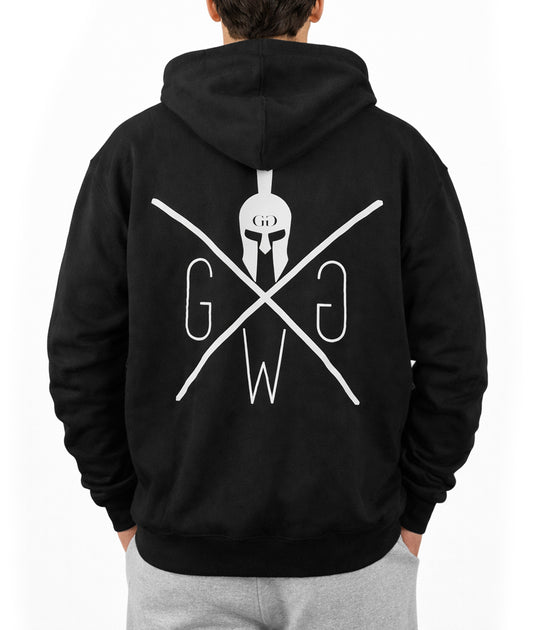 Ikonischer Gym Generation Logo-Backprint auf schwarzem Zip Hoodie für Herren, markantes Design für Wiedererkennung im Gym und Alltag