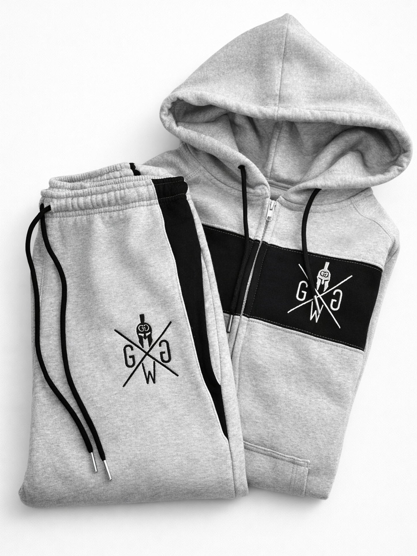 Graues Trainingsoutfit von Gym Generation bestehend aus Herren Jogginghose und Gym Hoodie für sportlichen Fitness Lifestyle Look