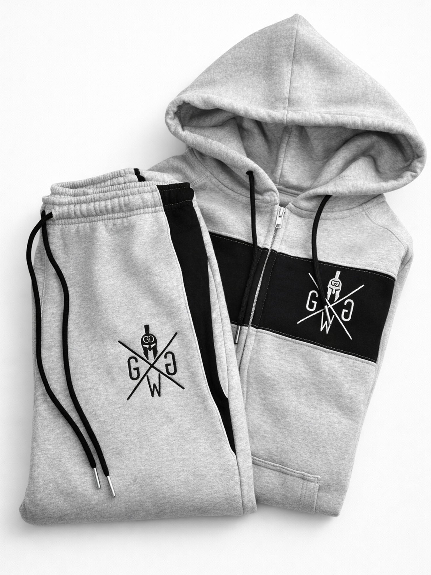 Graues Trainingsoutfit von Gym Generation bestehend aus Herren Jogginghose und Gym Hoodie für sportlichen Fitness Lifestyle Look