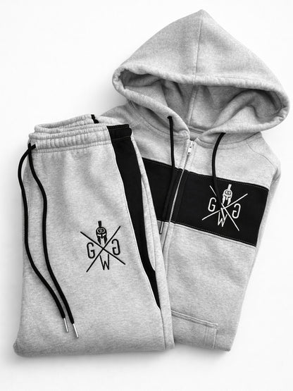 Graues Trainingsoutfit von Gym Generation bestehend aus Herren Jogginghose und Gym Hoodie für sportlichen Fitness Lifestyle Look