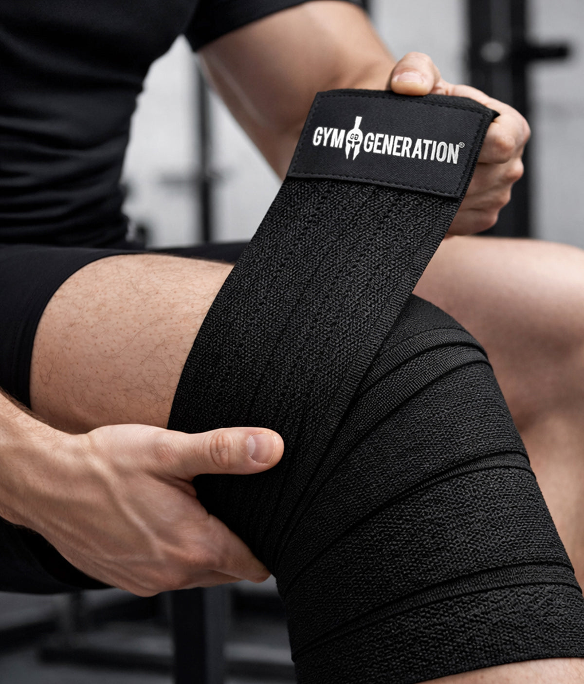 Schwarze Kniebandagen von Gym Generation im Einsatz beim Krafttraining – elastische Bodybuilding Knee Wraps für Stabilität, Kompression und Support beim Beintraining