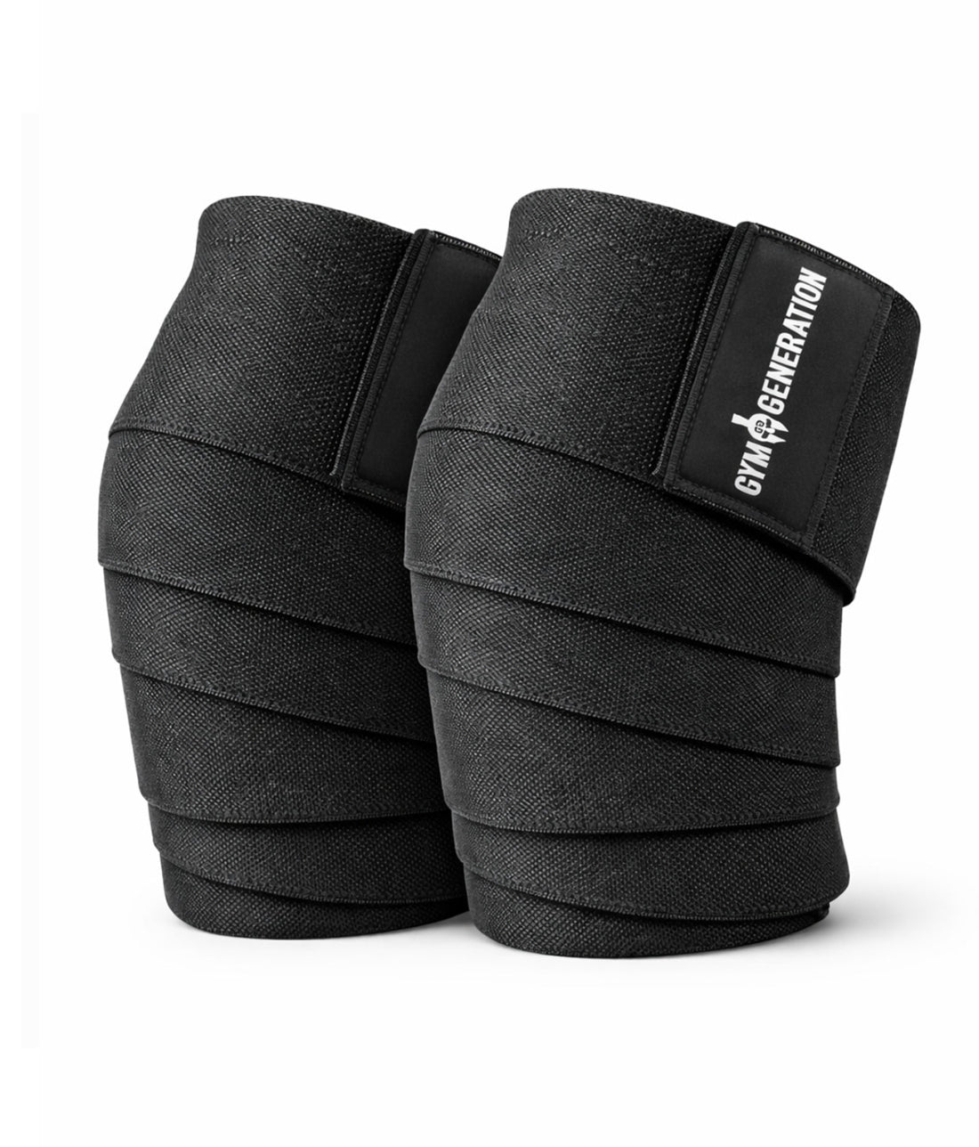 Aufgerollte schwarze Kniebandagen von Gym Generation im 2er-Set – robuste Knee Wraps für Bodybuilding, Powerlifting, Kniebeugen und intensives Fitness Training