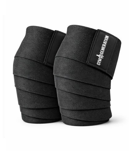 Aufgerollte schwarze Kniebandagen von Gym Generation im 2er-Set – robuste Knee Wraps für Bodybuilding, Powerlifting, Kniebeugen und intensives Fitness Training