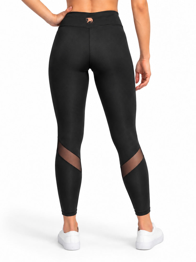 Legging mesh femme noir vu de dos, logo rond Gym Generation or rose sur la ceinture