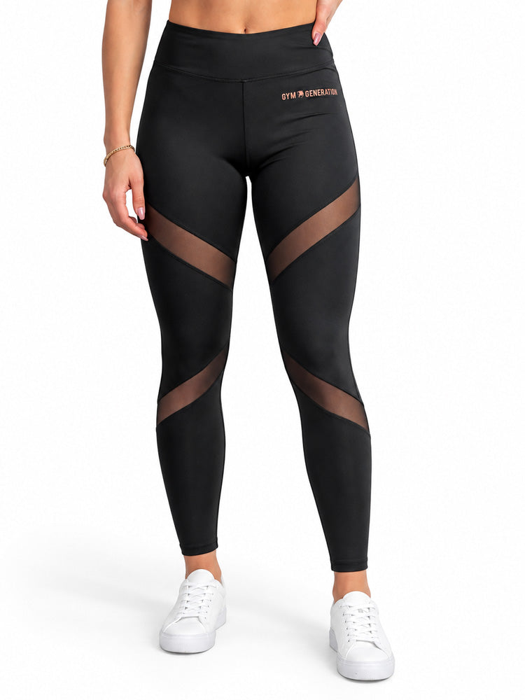 Legging fitness femme noir avec empiècements mesh en diagonale sur la cuisse et le mollet, vue de face, Gym Generation