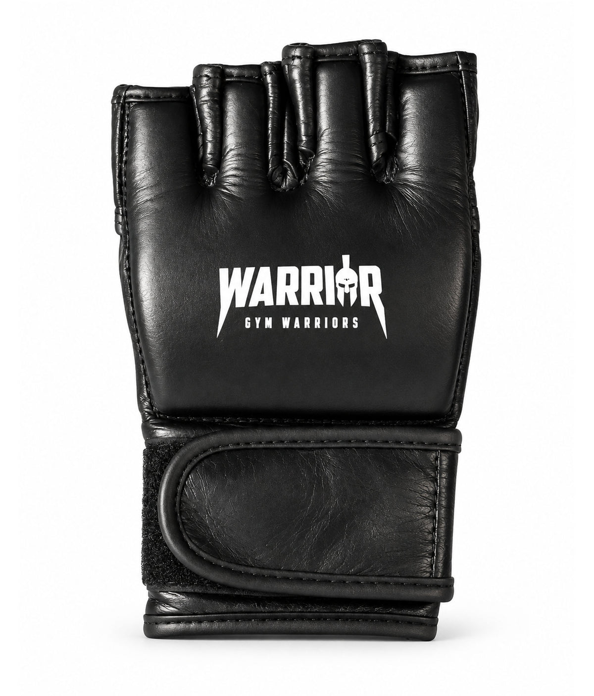 Guanto MMA visto dall’esterno, nocche imbottite con logo Warrior bianco e ampia chiusura in velcro – Gym Generation