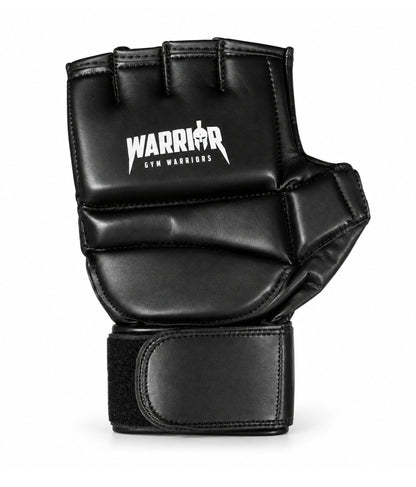 Guanto da combattimento visto dall’esterno, imbottitura in lattice in un unico pezzo sulle nocche con logo Warrior bianco – Gym Generation