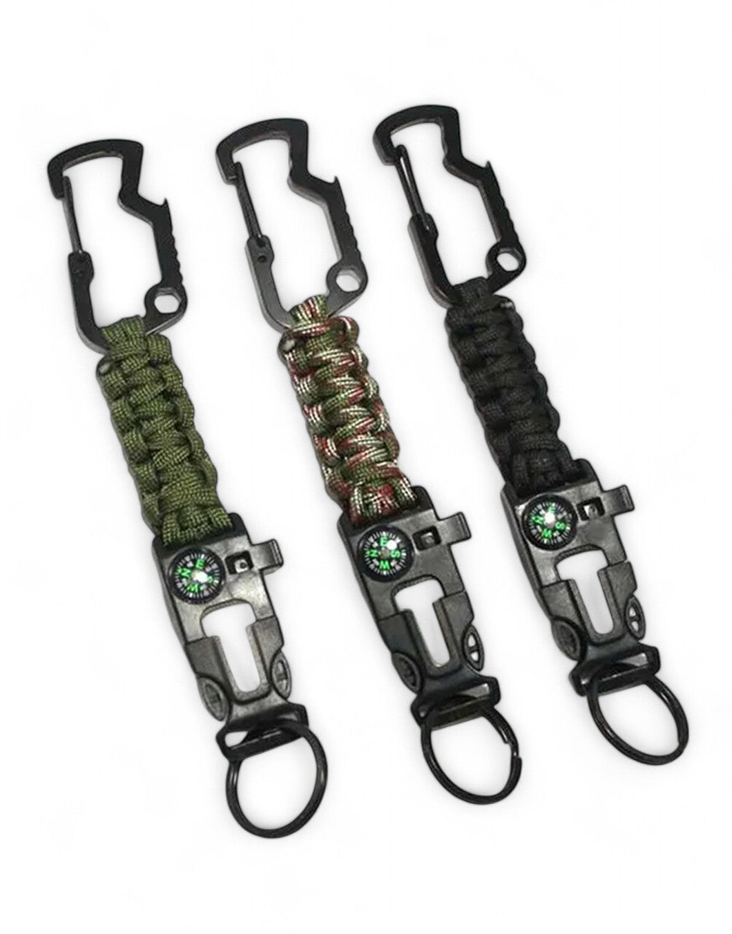 Gym Generation multi-tool keychain – three keychains with carabiner, braided paracord and buckle with compass, fire starter and whistle