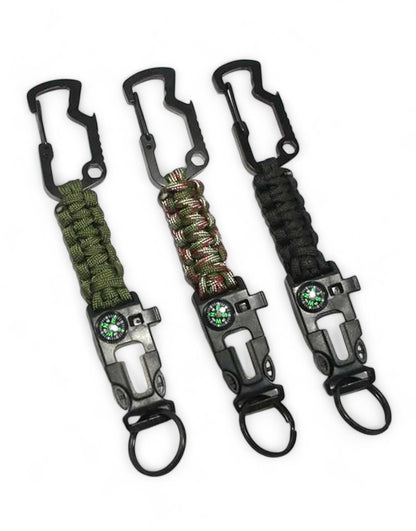 Gym Generation multi-tool keychain – three keychains with carabiner, braided paracord and buckle with compass, fire starter and whistle