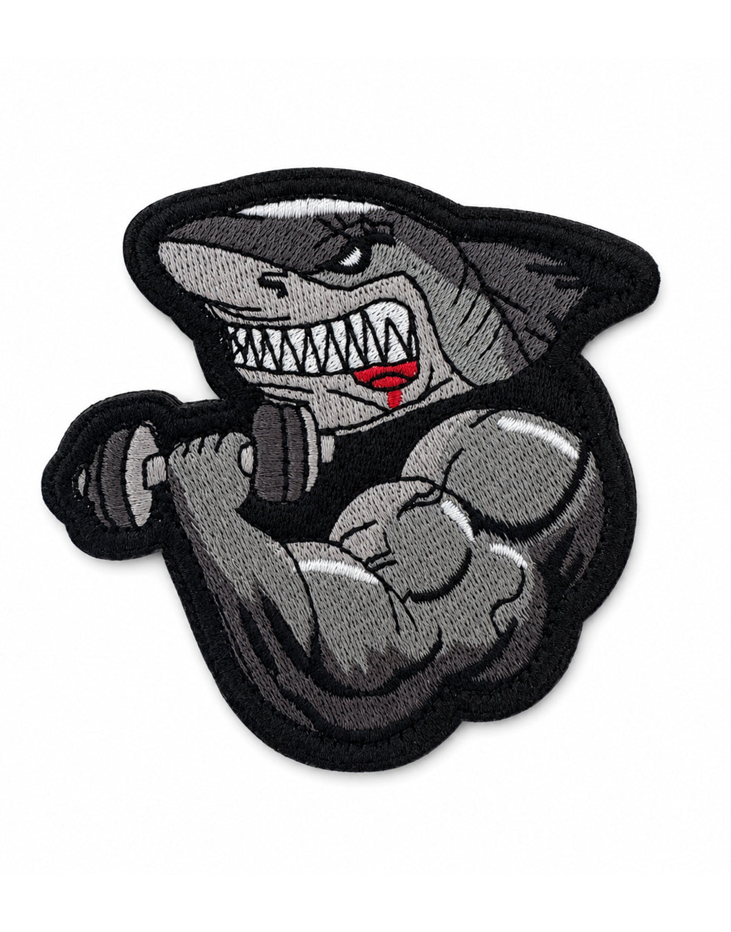 Muscle Shark Patch von Gym Generation – gestickter Klett Patch mit muskulösem Hai und Kurzhantel, 8 x 8 cm, Grau Schwarz