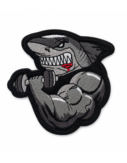 Muscle Shark Patch von Gym Generation – gestickter Klett Patch mit muskulösem Hai und Kurzhantel, 8 x 8 cm, Grau Schwarz