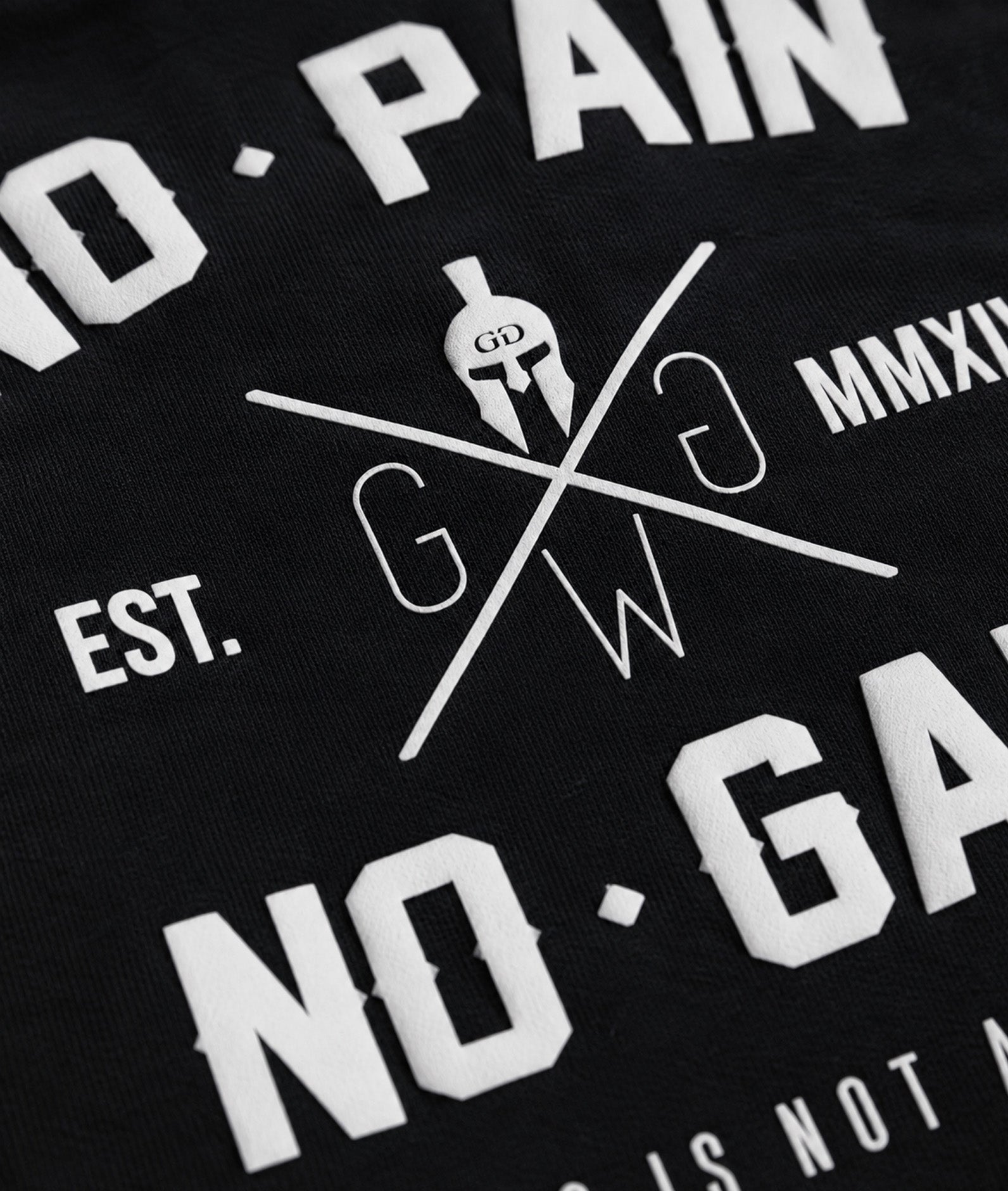 Makro-Nahaufnahme des weissen No Pain No Gain Rückenprints auf schwarzem Gym Hoodie mit sichtbarer Stoffstruktur und Spartaner-Logo.