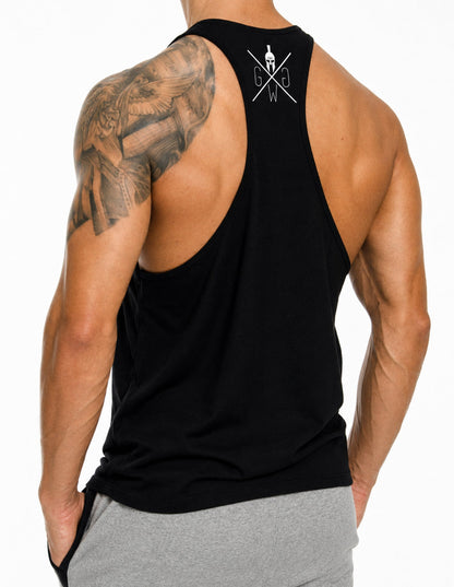 Gym Generation Stringer No Pain No Gain in Schwarz von hinten – tiefer Racerback-Schnitt mit kleinem GGW-Logo am oberen Rücken, ärmelloses Trainingsshirt für Herren