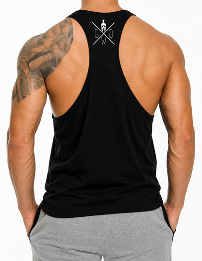 No Pain No Gain Muskelshirt Herren von hinten, weisses Gym Warriors Logo am oberen Rücken auf Schwarz