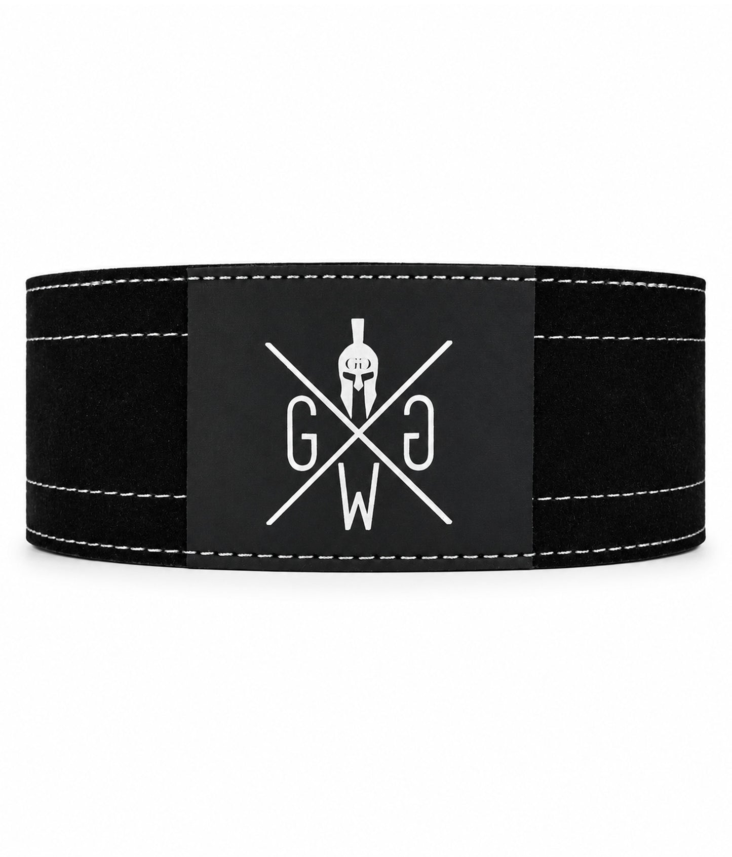 Lever Belt 9 mm für Powerlifting und Kraftdreikampf – schwarzer Leder Gürtel mit weissem Gym Generation Logo auf schwarzem Patch, durchgehend 10 cm breit