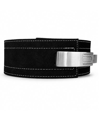 Powerlifting Belt mit Lever-Verschluss in Schwarz – Seitenansicht des 9 mm dicken Leder Gürtels von Gym Generation mit Schnalle aus gebürstetem Edelstahl