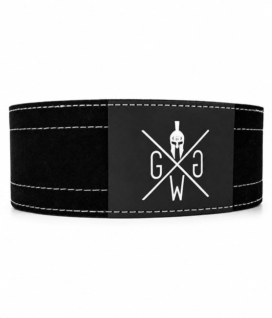 Powerlifting Gürtel mit Schnellverschluss – 9 mm Lever Belt aus schwarzem Leder, durchgehend 10 cm breit, mit weissem Gym Generation Logo auf schwarzem Patch