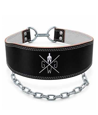 Ceinture de dips en cuir noir Gym Generation avec chaîne en acier zingué et double couture blanche – pour dips lestés et tractions
