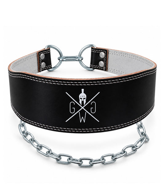 Dip Gürtel aus schwarzem Leder von Gym Generation mit verzinkter Stahlkette und weisser Doppelnaht – Dip Belt für Weighted Dips und Klimmzüge