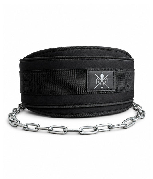 Schwarzer Gym Generation Dip Gürtel mit Metallkette, breitem Lendenpolster und Logo für Weighted Dips und Pull-Ups