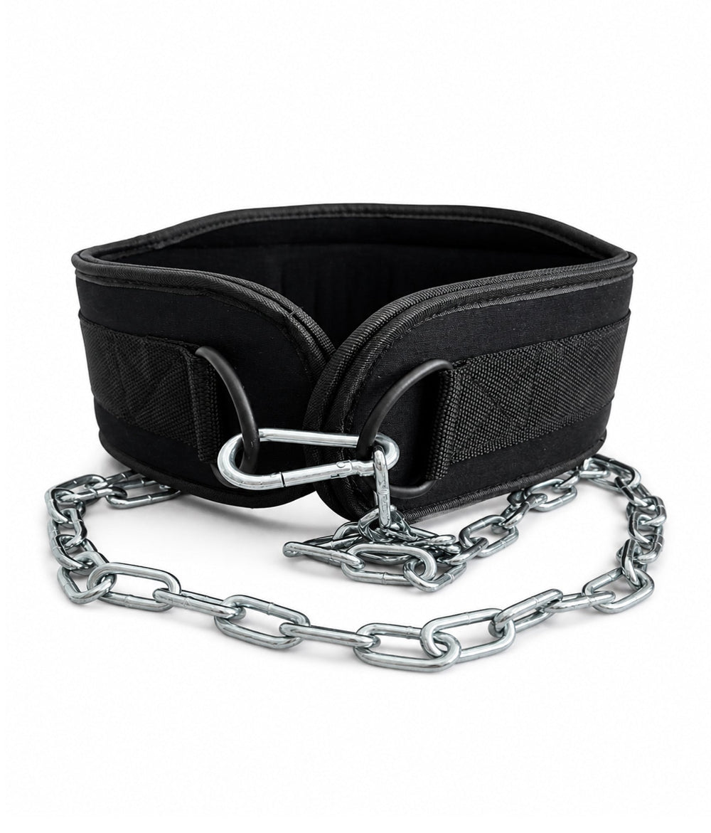 Gym Generation Dip Gürtel Rückseite mit zwei Karabinern, stabilen D-Ringen und Metallkette für Krafttraining mit Zusatzgewicht