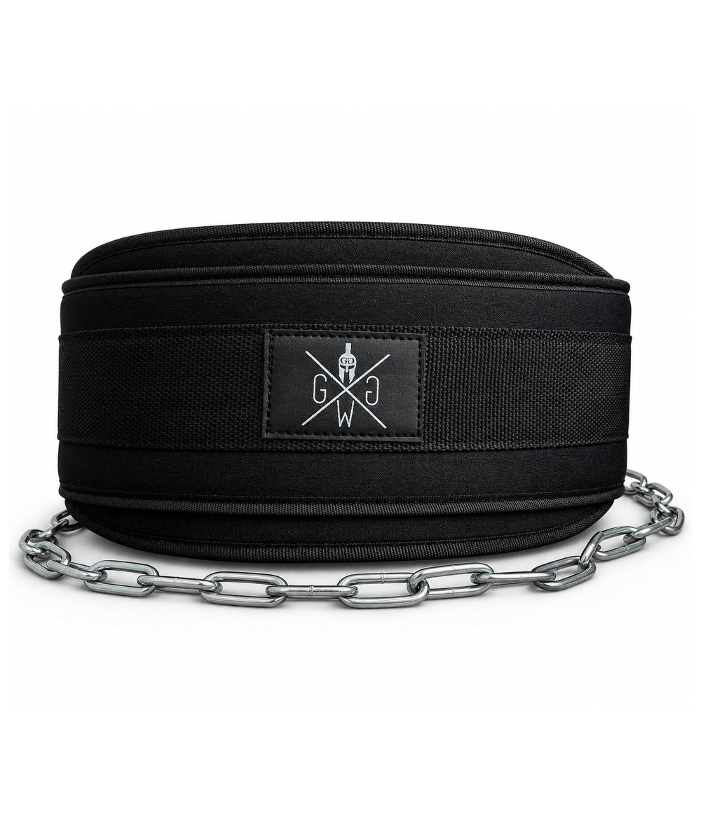 Frontaler Gym Generation Dip Gürtel in Schwarz mit Logo, 17 cm breitem Lendenbereich und Metallkette für Calisthenics