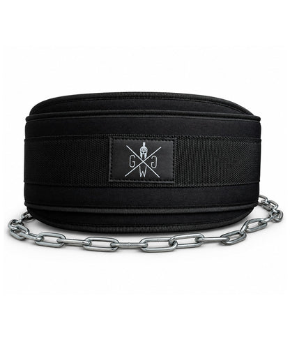 Frontaler Gym Generation Dip Gürtel in Schwarz mit Logo, 17 cm breitem Lendenbereich und Metallkette für Calisthenics