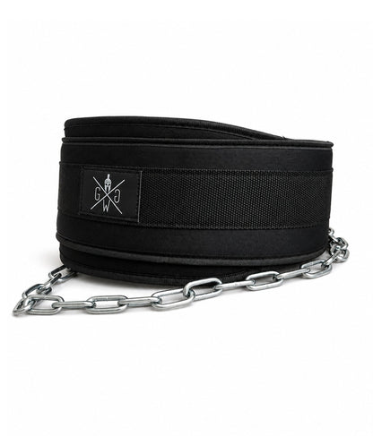 Seitliche Ansicht des schwarzen Gym Generation Dip Gürtels mit robuster Metallkette für Weighted Pull-Ups und Dips