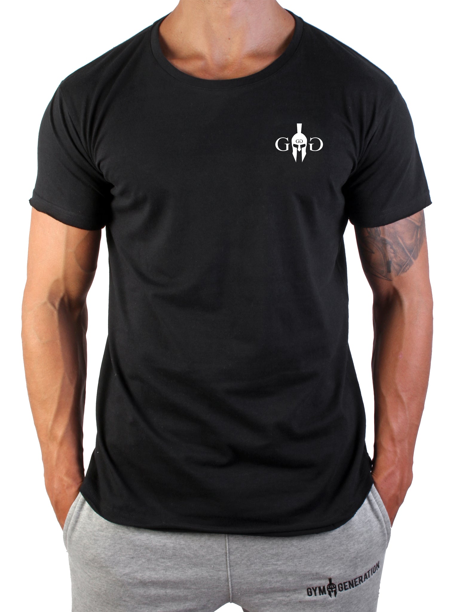 Hochwertiges schwarzes Gym T-Shirt mit edlem weißem Spartaner-Logo und epischem Rückendesign.
