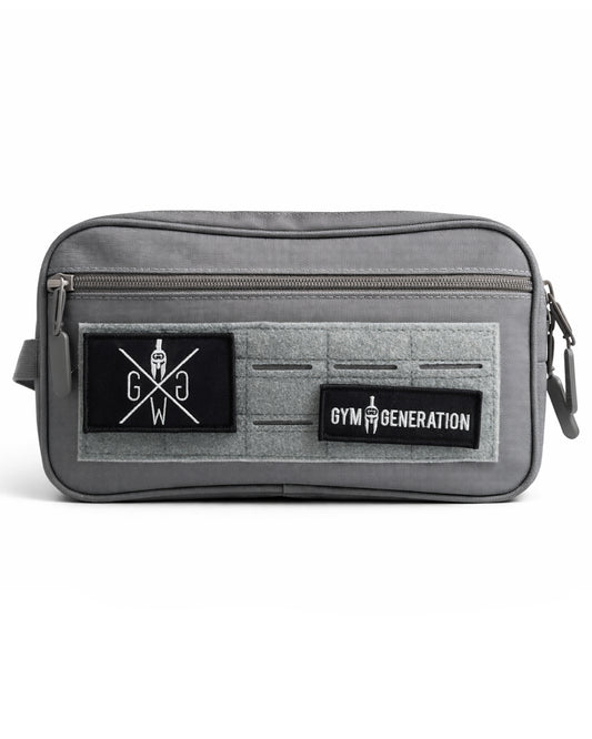 Kulturbeutel Grau Gym Generation mit Klett-Patch – personalisierbares Necessaire für Fitness und Alltag