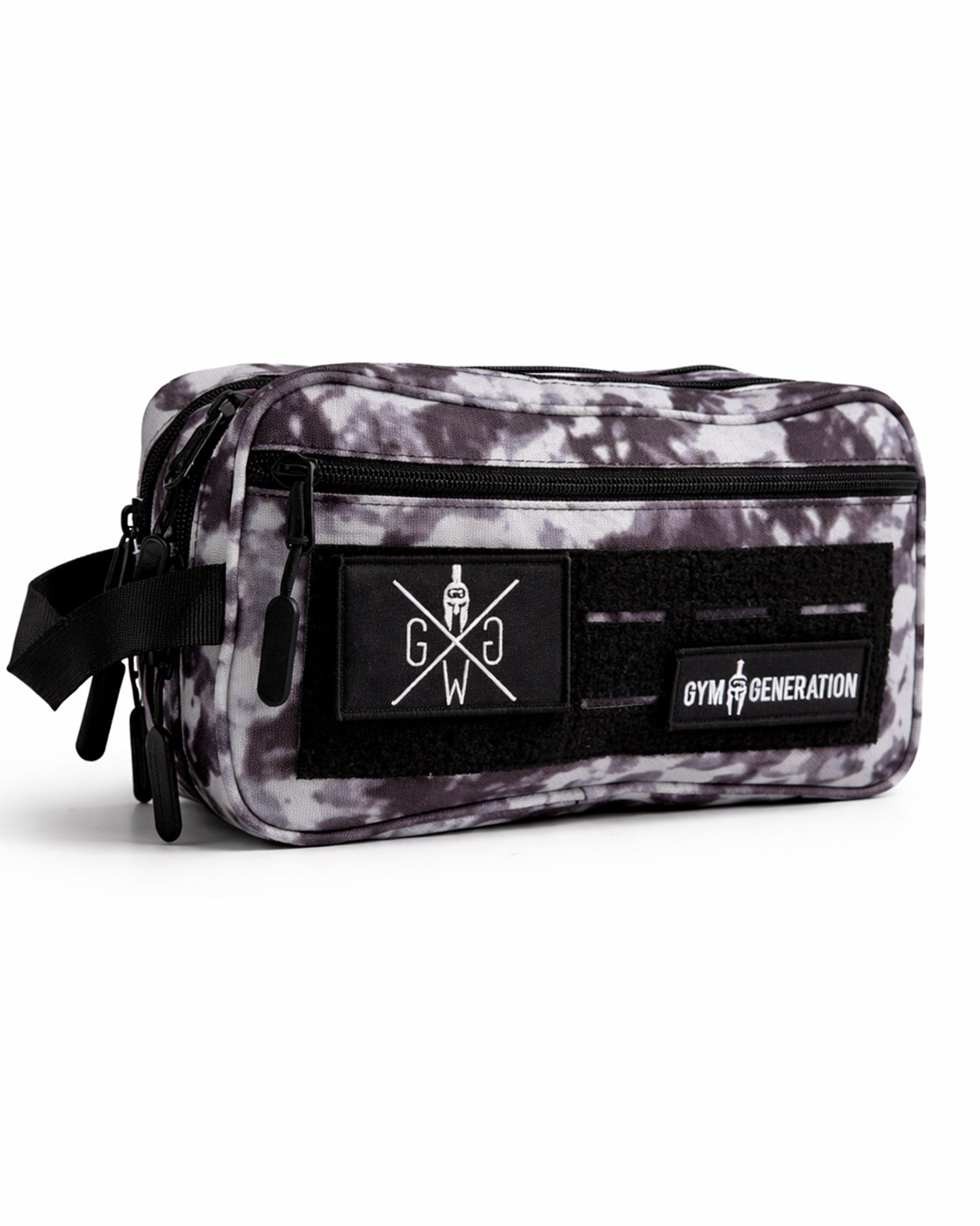 Kulturbeutel Acid Wash von Gym Generation im Halbprofil mit MOLLE-Front, schwarzen Reissverschlüssen und seitlicher Trageschlaufe