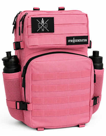 Gym Generation Damen Fitness Rucksack Adventurer in Strawberry Pink, schräge Frontansicht mit MOLLE-System, Patches und schwarzen Shakern
