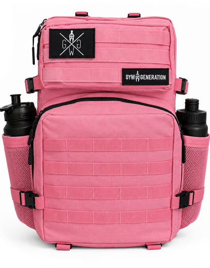 Gym Generation Damen Gym Rucksack Adventurer in Strawberry Pink, Frontansicht mit MOLLE-System, Patches und zwei seitlichen Flaschenfächern