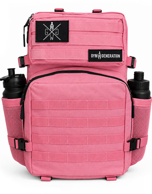 Gym Generation Damen Gym Rucksack Adventurer in Strawberry Pink, Frontansicht mit MOLLE-System, Patches und zwei seitlichen Flaschenfächern