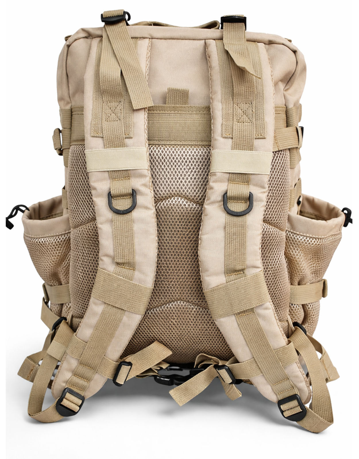 Beiger 45L Fitness- und Reiserucksack von Gym Generation mit gepolsterten Schultergurten, atmungsaktivem Rückenpolster und verstellbarem Hüftgurt.