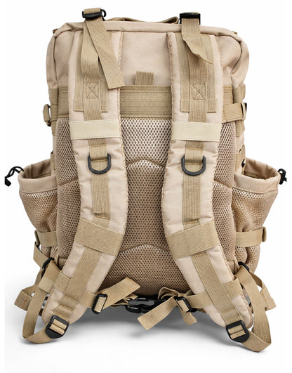 Beiger 45L Fitness- und Reiserucksack von Gym Generation mit gepolsterten Schultergurten, atmungsaktivem Rückenpolster und verstellbarem Hüftgurt.