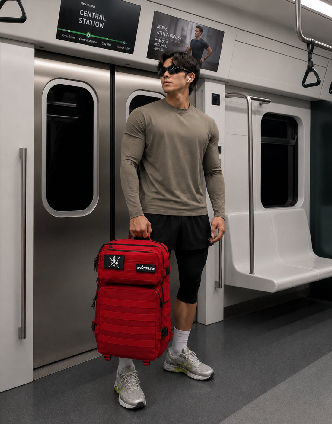 Gym Generation Fitness Rucksack Adventurer in Rot, von Athlet in der Bahn getragen als Gym Rucksack, Reise Rucksack und Handgepäck Rucksack mit MOLLE-System und Patches