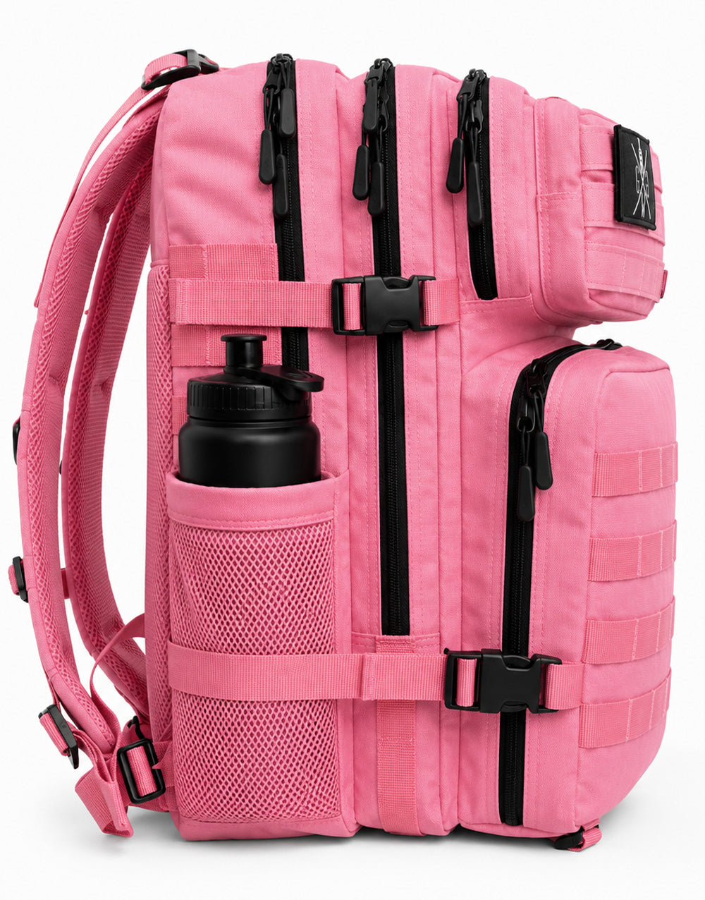 Pinker Gym Generation Fitness Rucksack Adventurer in Seitenansicht mit Reissverschlüssen, Kompressionsriemen und seitlichem Flaschenfach