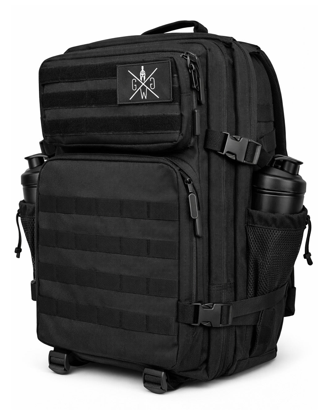 Gym Generation Schwarzer Meal-Prep Fitness Rucksack in Seitenansicht mit integriertem Kühlfach, MOLLE-System und seitlichen Shaker-Taschen – robuster 45L Gym Rucksack für Bodybuilding, Muskelaufbau, Wettkampf-Diät, Fitnessstudio, Arbeit und Reisen